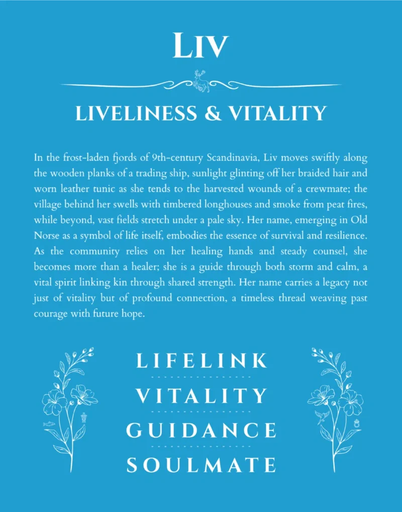 Liv personalized name art with origin story in blue