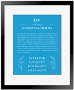 Liv personalized name art with origin story in blue with black matte frame