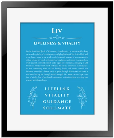 Liv personalized name art with origin story in blue with black matte frame