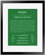 Lively name meaning wall art by Get Your Story in dark green with black matte frame