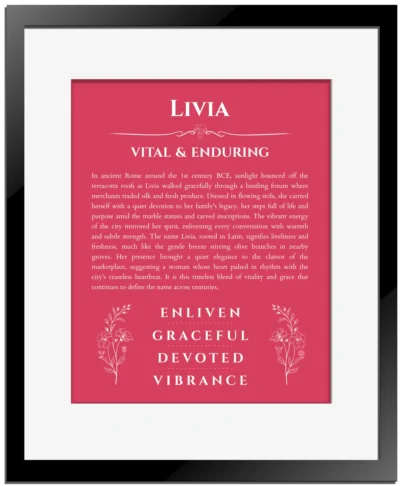Livia personalized name art with origin story in red with black matte frame