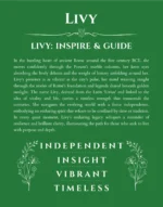Livy personalized name art with origin story in dark green