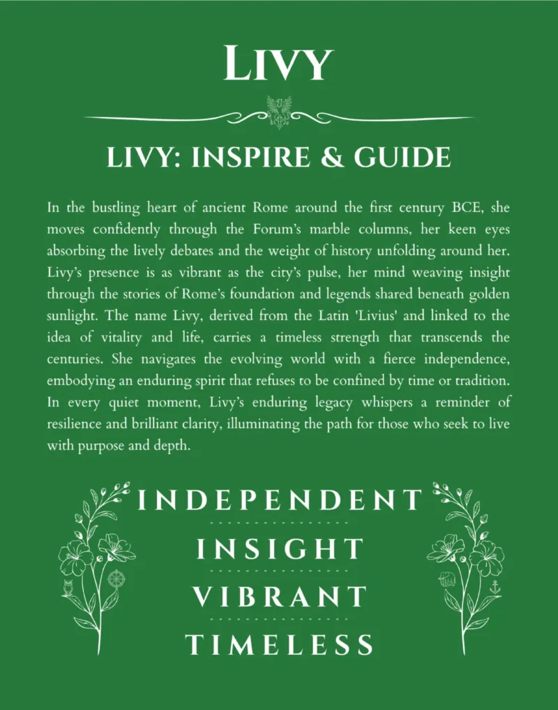 Livy personalized name art with origin story in dark green