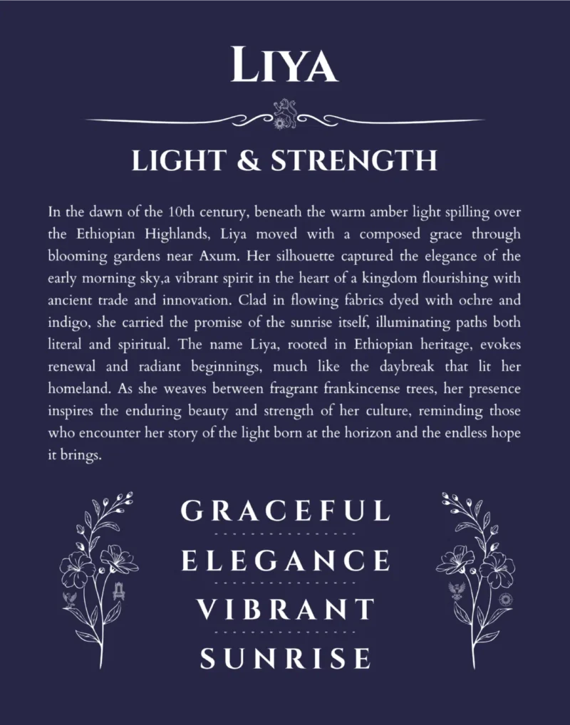 Liya name origin print with meaning and traits in navy blue