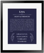 Liya name origin print with meaning and traits in navy blue with black matte frame