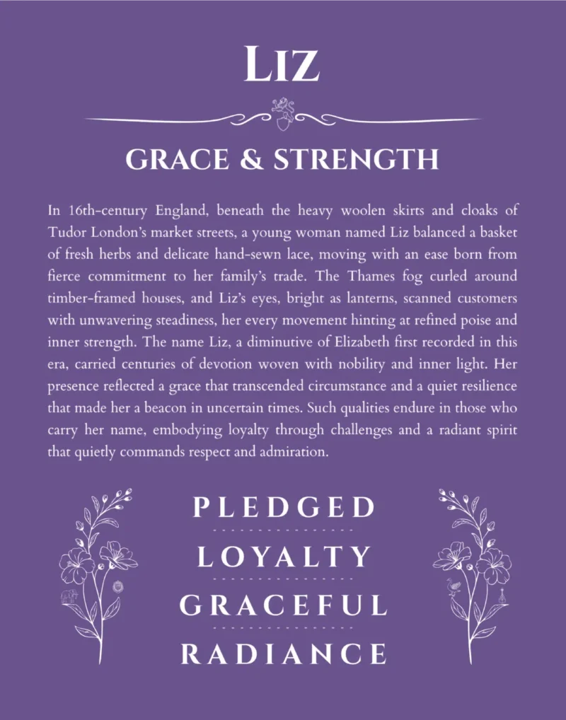 Liz personalized name print with origin and traits in purple
