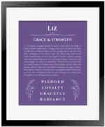 Liz personalized name print with origin and traits in purple with black matte frame