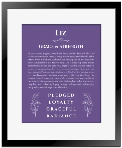 Liz personalized name print with origin and traits in purple with black matte frame