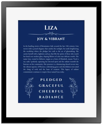 Liza custom name print for wall display in deep blue with black matte frame