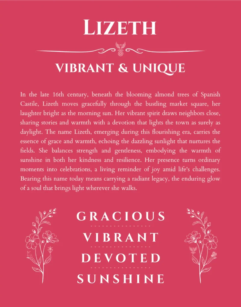 Lizeth custom name art showing meaning and origin in red