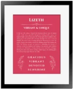 Lizeth custom name art showing meaning and origin in red with black matte frame
