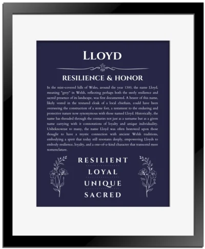 Lloyd name meaning gift print in navy blue with black matte frame