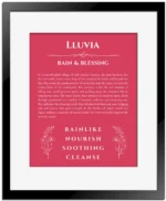 Lluvia custom name art showing meaning and origin in red with black matte frame