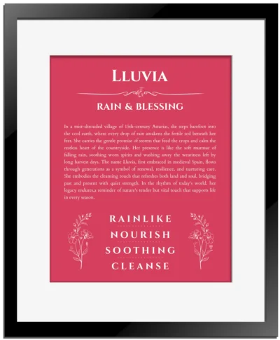 Lluvia custom name art showing meaning and origin in red with black matte frame