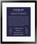 Lochlan custom name meaning print in navy blue with black matte frame