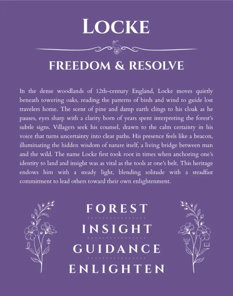Locke personalized name art with origin story in purple