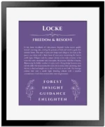 Locke personalized name art with origin story in purple with black matte frame