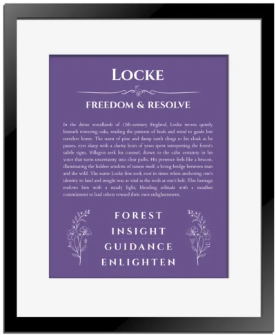Locke personalized name art with origin story in purple with black matte frame