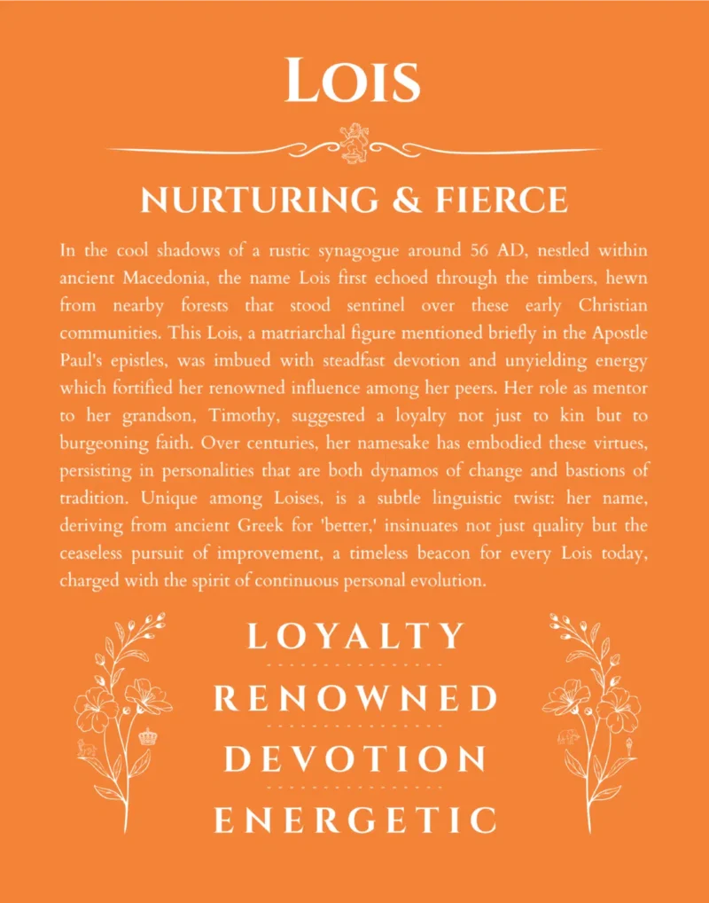 Lois name origin print with meaning and traits in orange