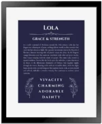 Lola personalized wall art with the story of your name in navy blue with black matte frame