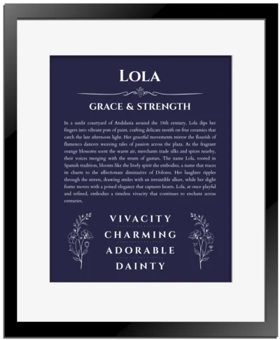 Lola personalized wall art with the story of your name in navy blue with black matte frame