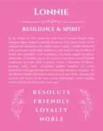Lonnie name origin print with meaning and traits in pink