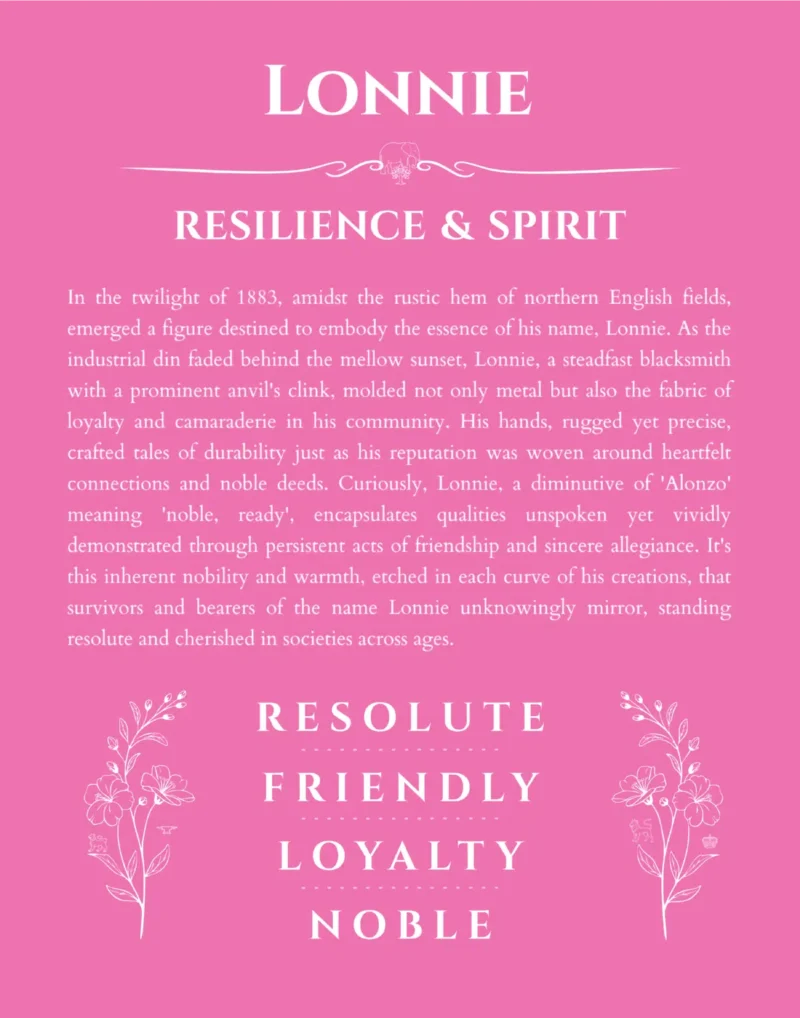 Lonnie name origin print with meaning and traits in pink