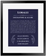 Loralei name meaning wall art by Get Your Story in navy blue with black matte frame