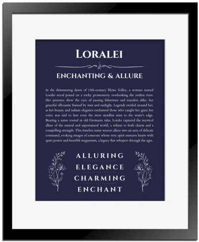 Loralei name meaning wall art by Get Your Story in navy blue with black matte frame
