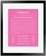 Lorelai custom name art showing meaning and origin in pink with black matte frame