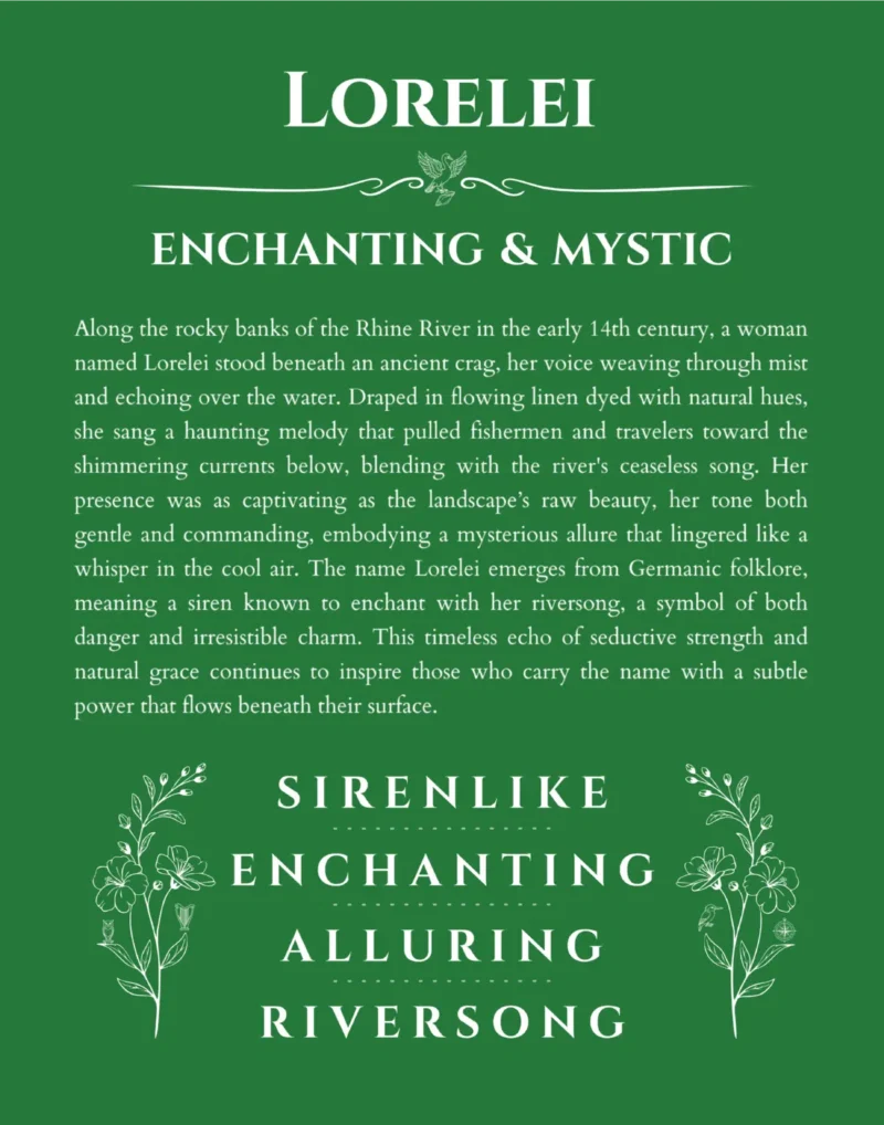Lorelei custom name art showing meaning and origin in dark green