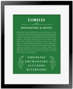 Lorelei custom name art showing meaning and origin in dark green with black matte frame