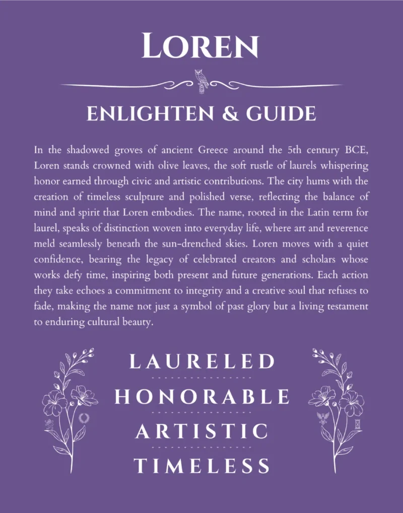Loren personalized name print with origin and traits in purple