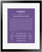 Loren personalized name print with origin and traits in purple with black matte frame