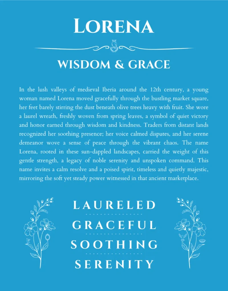 Lorena custom name art showing meaning and origin in blue