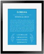 Lorena custom name art showing meaning and origin in blue with black matte frame