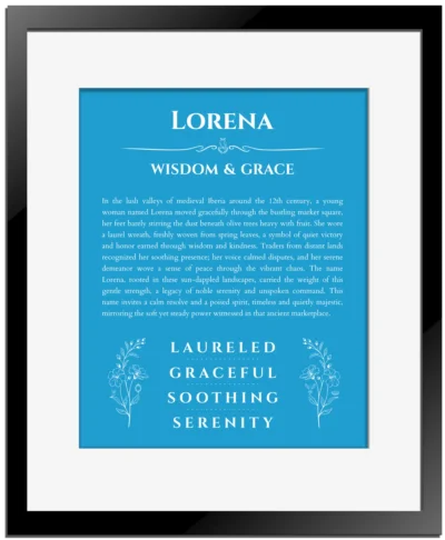 Lorena custom name art showing meaning and origin in blue with black matte frame