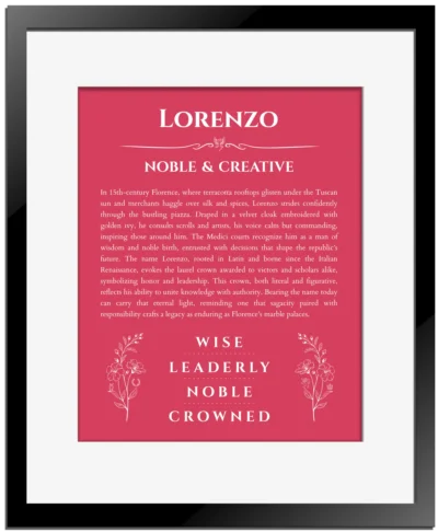 Lorenzo name meaning wall art by Get Your Story in red with black matte frame