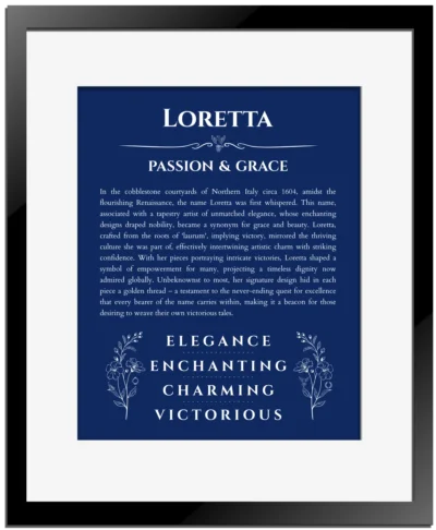 Loretta name meaning wall art by Get Your Story in deep blue with black matte frame