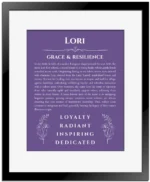 Lori name meaning wall art by Get Your Story in purple with black matte frame