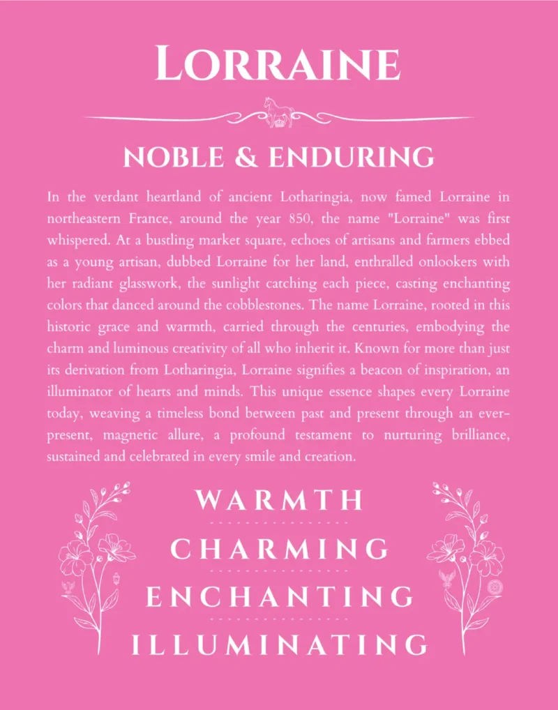 Lorraine custom name art showing meaning and origin in pink