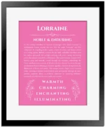 Lorraine custom name art showing meaning and origin in pink with black matte frame