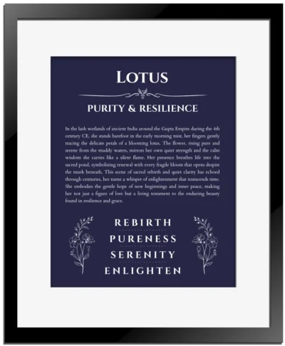 Lotus name meaning gift print in navy blue with black matte frame