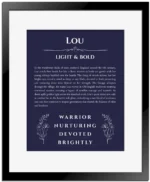Lou custom name meaning print in navy blue with black matte frame