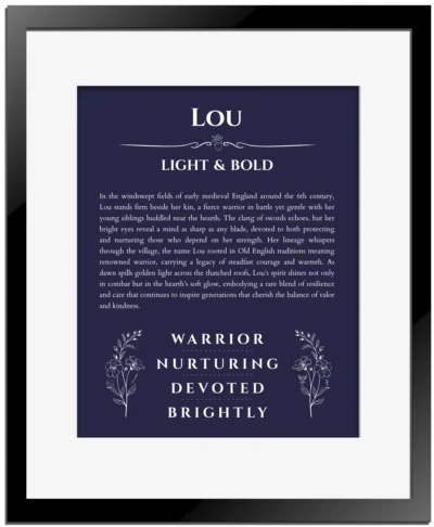 Lou custom name meaning print in navy blue with black matte frame