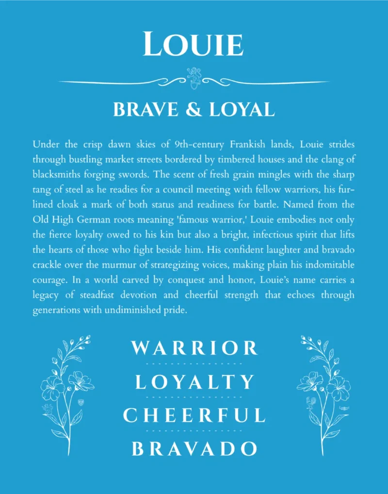 Louie personalized name print with origin and traits in blue
