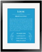 Louie personalized name print with origin and traits in blue with black matte frame