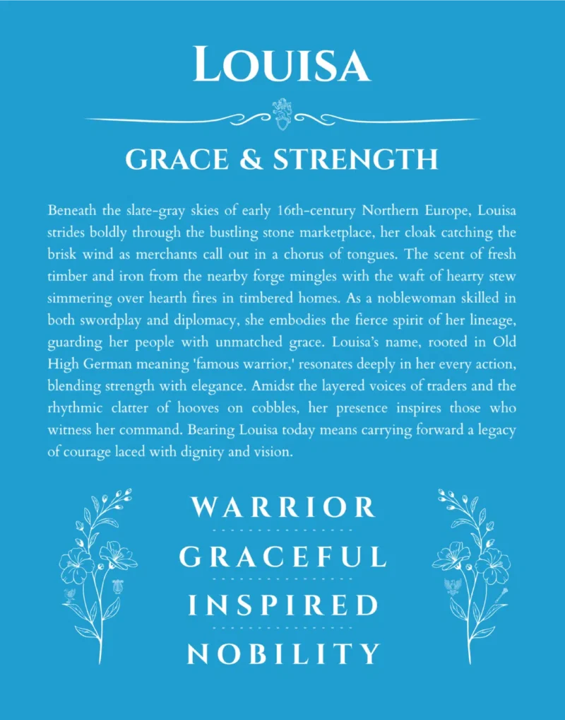 Louisa personalized name print with origin and traits in blue