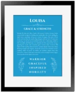 Louisa personalized name print with origin and traits in blue with black matte frame