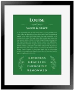 Louise custom name meaning print in dark green with black matte frame